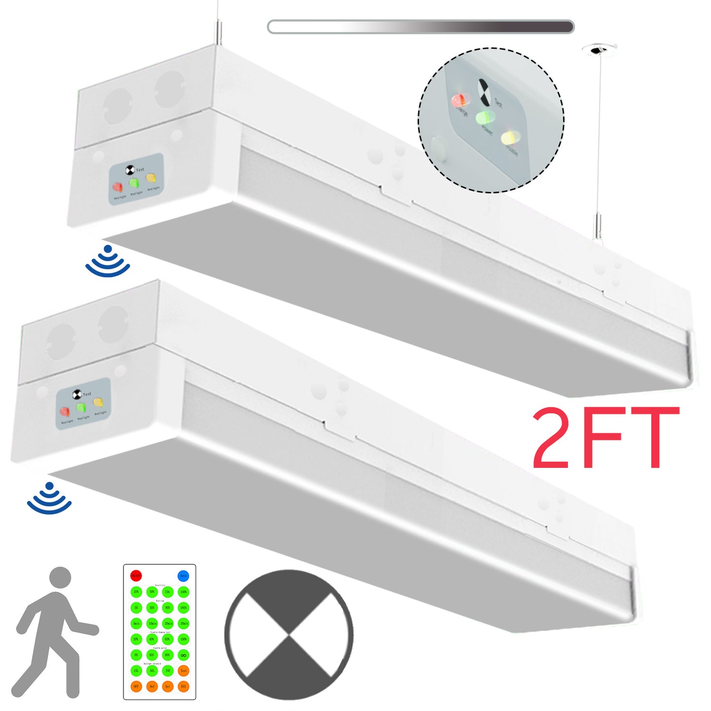 Walrusled 2FT Motion Sensor LED Patio Wraparound Emergency Batten Light w/Remote, Power Selectable, 10W/20W, 1250lm/2500lm, Battery Backup, 5000K, IP20, Dimmable 2 Foot LED Office Wrap Around Batten Light Fixture, 60CM Flush Mount LED Garage Ceiling Light