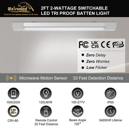 Walrusled 2FT Motion Sensor LED Tri Proof Batten Light, 2 Wattages/2 Lumens Selectable 10W/20W 1250lm/2500lm, 5000K, IP65, 100-277V, IK10, Dimmable 2 Foot LED Waterproof Vapor Tight Linear Tube Light Fixture, 60CM Flush Mount Led Vapor Proof Ceiling Light