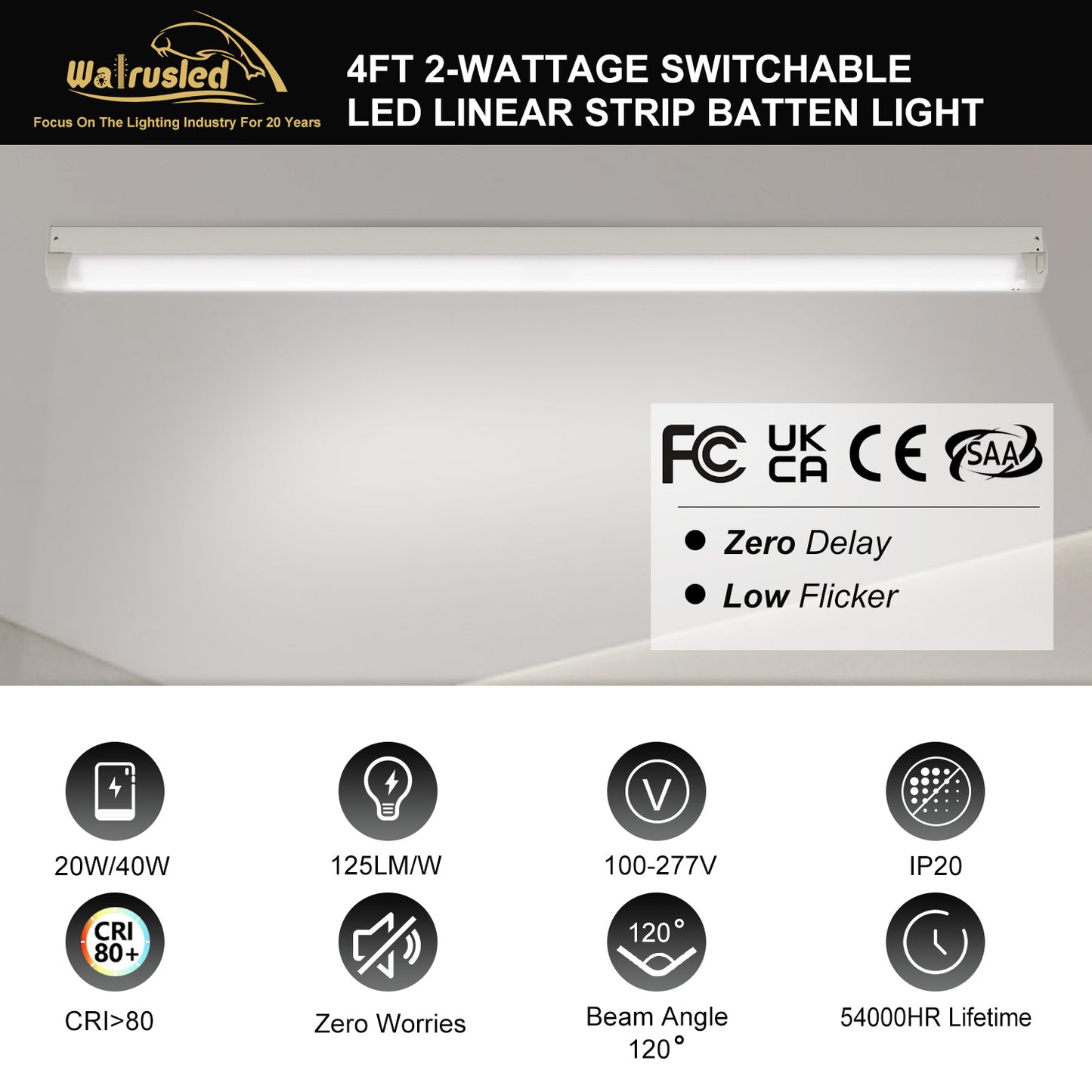 Walrusled 4FT LED Linear Strip Batten Light Fixture, 2 Wattages/2 Lumens Selectable, 20W/40W 2500lm/5000lm, 5000K, 100-277V, IP20, 4 Foot LED Shop Strip Batten Pendant Light, Flush Mount 120cm Garage Workshop Hallway Stairwell Batten Ceiling Light Fixture