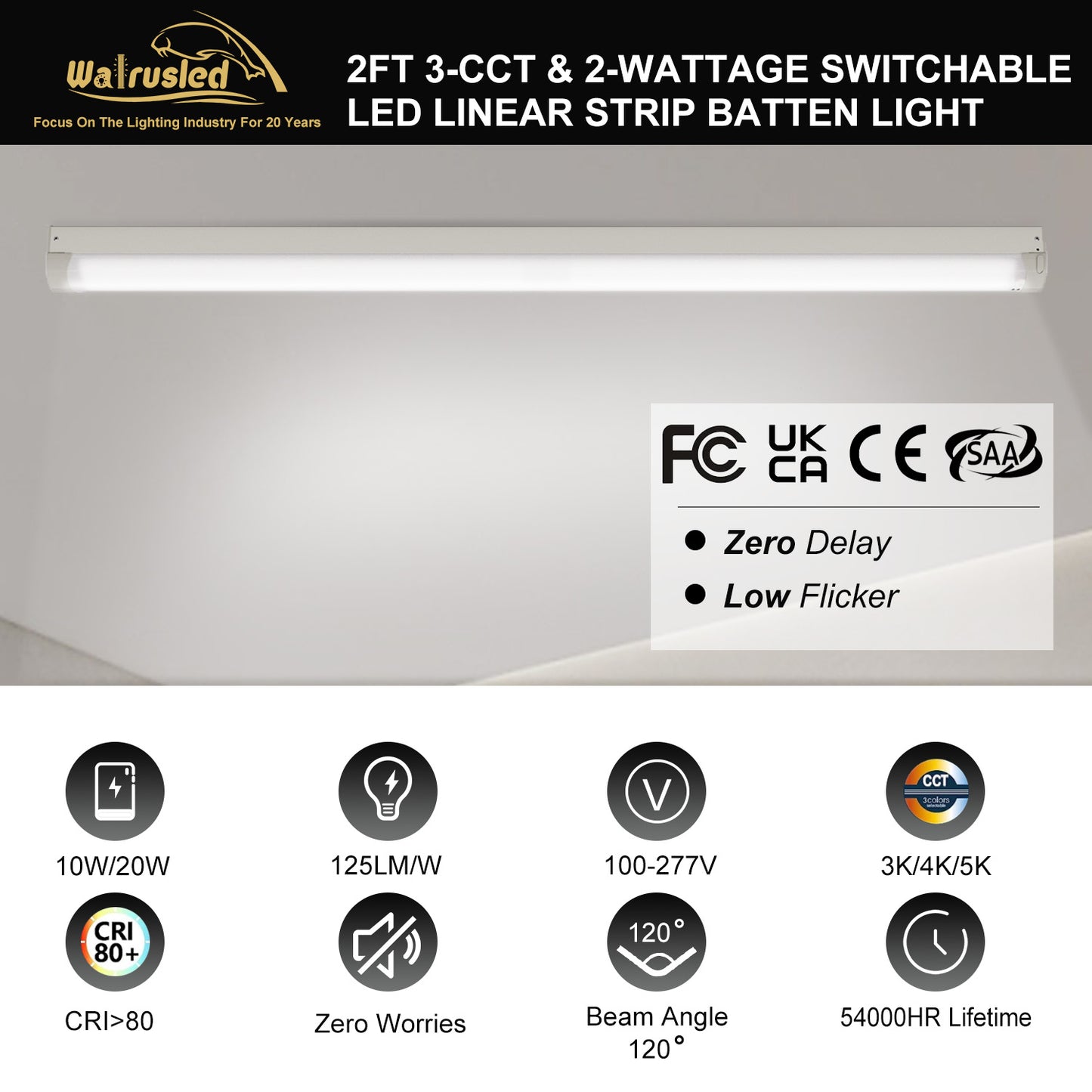 Walrusled 2FT LED Linear Strip Batten Light Fixture 2 Wattages/2 Lumens/3 CCT Selectable, 10W/20W 1250lm/2500lm, 3000K/4000K/5000K, 100-277V, 2 Foot LED Shop Linear Strip Batten Light Fixture, 60CM Flush Mount Garage Hallway Stairwell Batten Ceiling Light