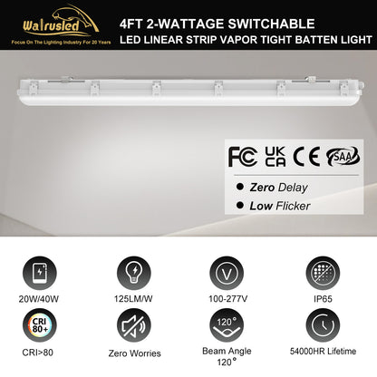 Walrusled 4FT LED Linear Strip Vapor Tight Batten Light 2 Wattages/2 Lumens Selectable, 20W/40W, 2500lm/5000lm, 5000K, IP65, 100-277V, 4 Foot Stairwell LED Tri Proof Pendant Light Fixture, 120CM Flush Mount Tunnel Led Vapor Proof Batten Ceiling Light