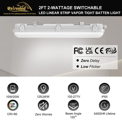 Walrusled 2FT Garage LED Linear Strip Vapor Tight Batten Light 2 Wattages/2 Lumens Selectable, 10W/20W, 1250lm/2500lm, 5000K, IP65, 100-277V, 2 Foot Stairwell LED Tri Proof Light Fixture, 60CM Flush Mount Tunnel Led Vapor Proof Batten Ceiling Light