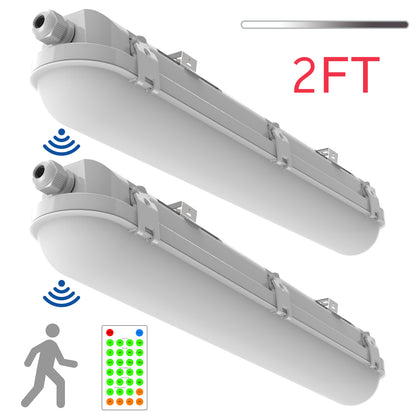 Walrusled 2FT Motion Sensor LED Linear Strip Vapor Tight Batten Light with Remote, 2 Wattages/2 Lumens Selectable, 10W/20W, 1250lm/2500lm, 5000K, IP65, 100-277V, Dimmable 2 Foot LED Tri Proof Light Fixture, 60CM Flush Mount Led Vapor Proof Ceiling Light