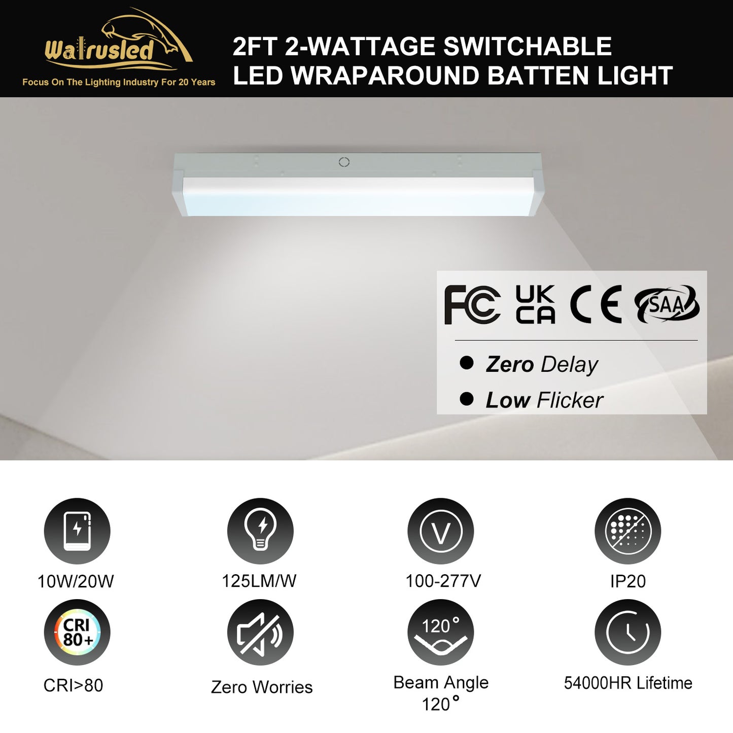 Walrusled 2FT LED Kitchen Wraparound Batten Light Fixture, 2 Wattages/2 Lumens Selectable, 10W/20W, 1250lm/2500lm, 5000K, 100-277V, IP20, 2 Foot LED Garage Wrap Around Batten Light Fixture, 60CM Flush Mount LED Closet Stairwell Patio Carport Ceiling Light