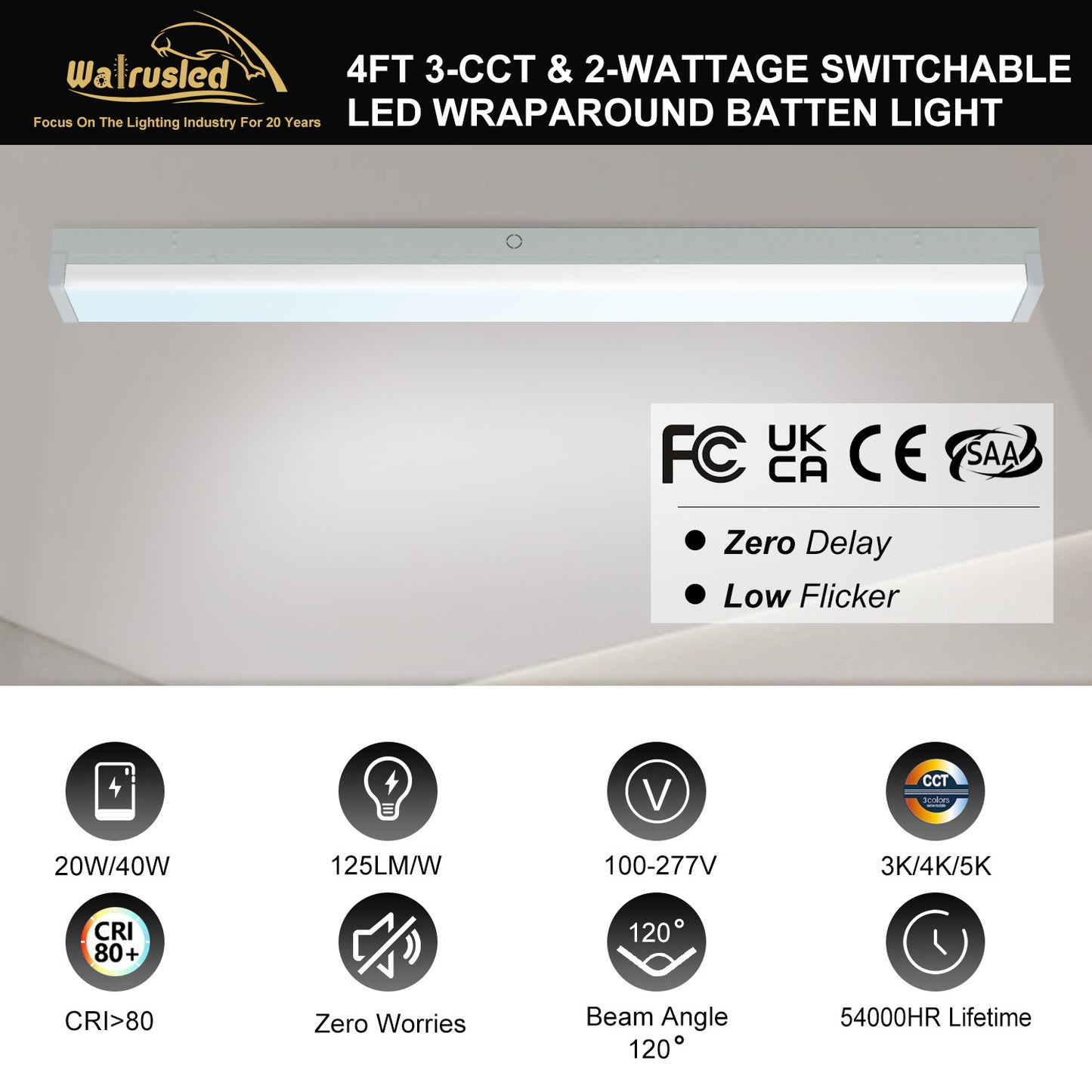 Walrusled 4FT LED Kitchen Wraparound Batten Light Fixture, 2 Wattages/2 Lumens/3 CCT Selectable, 20W/40W 2500lm/5000lm, 3000K/4000K/5000K, 100-277V, IP20, 4 Foot LED Garage Wrap Around Batten Light Fixture, 120CM Flush Mount Stairwell Batten Ceiling Light