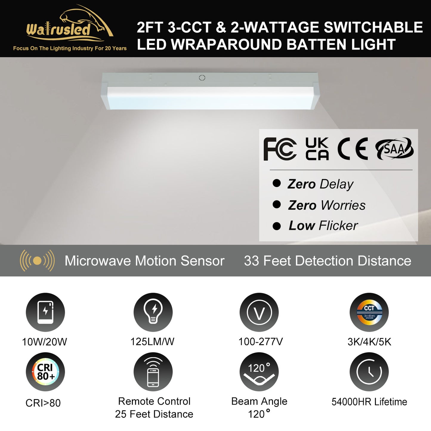 Walrusled 2FT Motion Sensor LED Stairwell Wraparound Batten Light with Remote, 2 Wattages/2 Lumens/3 CCT Selectable, 10W/20W 1250lm/2500lm, 3000K/4000K/5000K,100-277V, IP20, Dimmable 2 Foot LED Wrap Batten Light Fixture, 60CM Flush Mount LED Ceiling Light