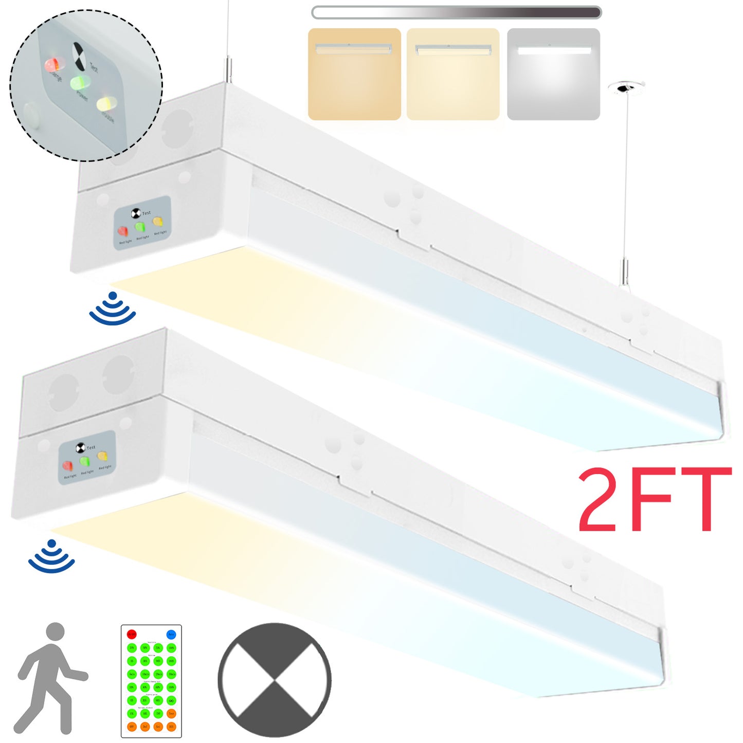 Walrusled Lampe d'urgence LED avec détecteur de mouvement de 0,6 m avec télécommande, puissance 3 CCT sélectionnable, 10 W/20 W, 1250 lm/2500 lm, batterie de secours, 3000 K/4000 K/5000 K, IP20, intensité variable, 60 cm, montage encastré Plafonnier LED