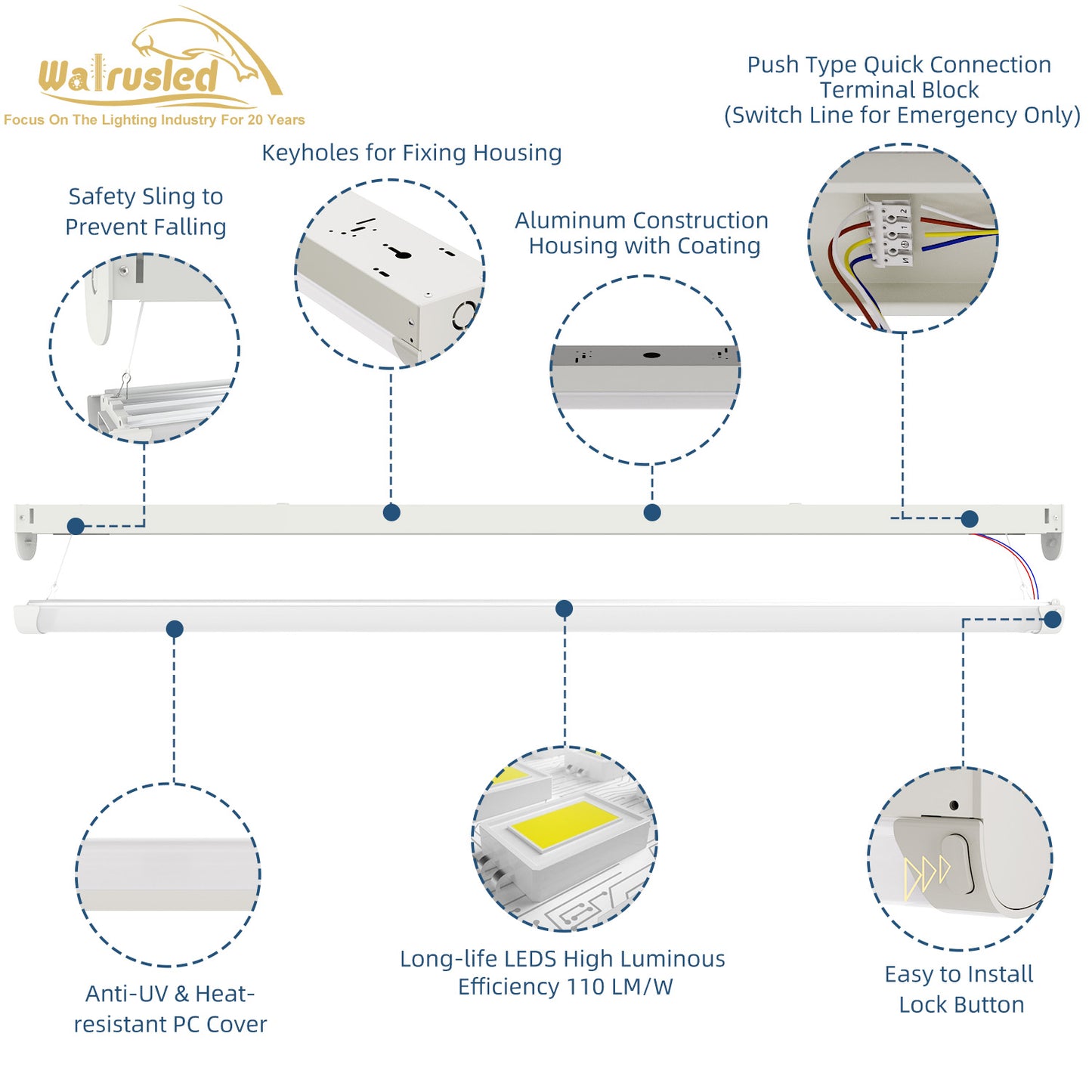 Walrusled 4FT LED Kitchen Linear Strip Batten Light Fixture, 40W, 4400lm, 5000K, IP20, 48 Inch LED Garage Linear Strip Light, 4 Foot LED Shop Linear Strip Light Fixture, 120CM Flush Mount LED Workshop Restaurant Spa Hallway Stairwell Batten Ceiling Light