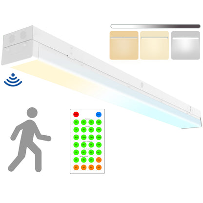 Walrusled 4FT Motion Sensor LED Stairwell Wraparound Batten Light with Remote, 2 Wattages/2 Lumens/3 CCT Selectable 20W/40W 2500lm/5000lm 3000K/4000K/5000K, 100-277V, IP20, Dimmable 4 Foot LED Wrap Batten Light Fixture, 120CM Flush Mount LED Ceiling Light